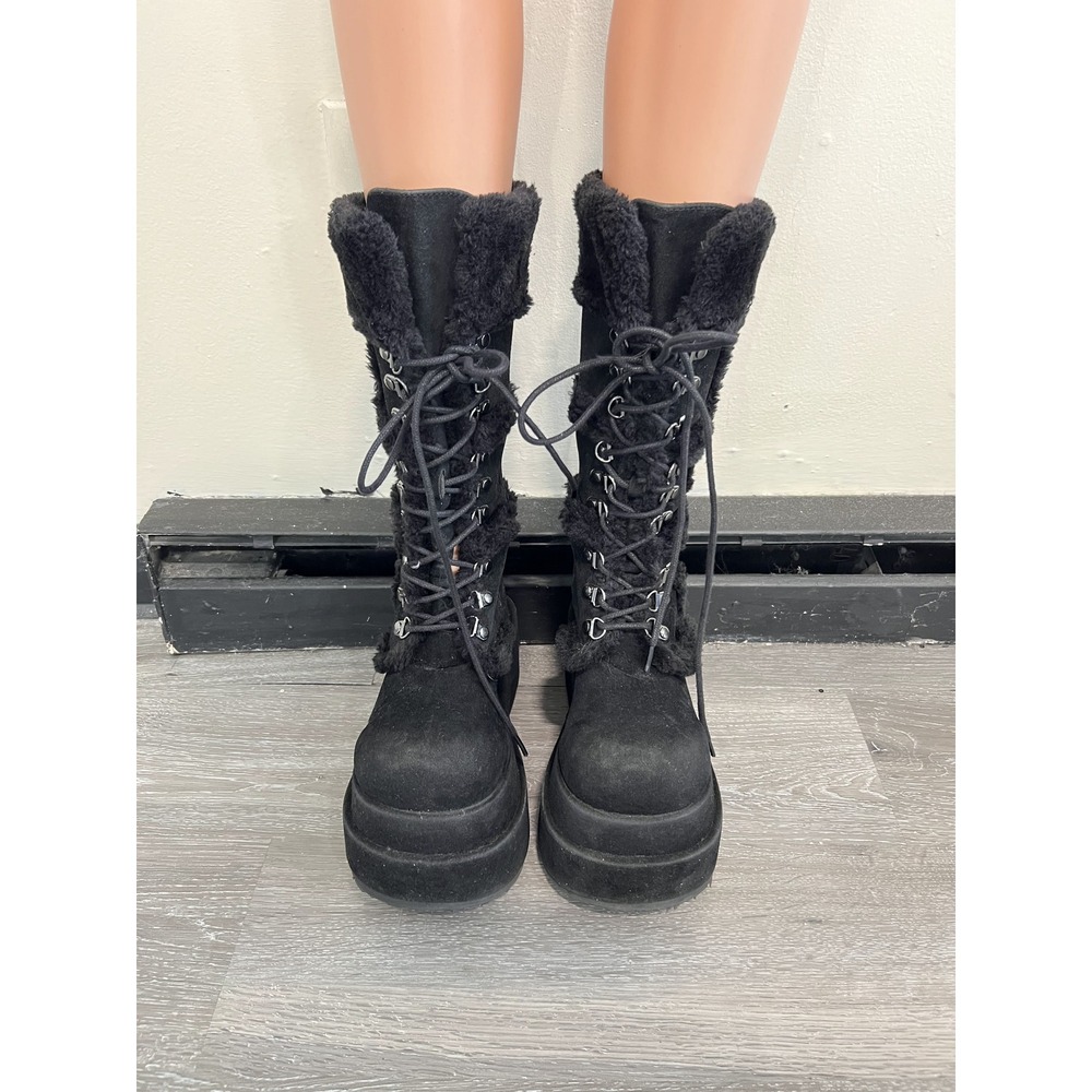 Demonia Bear-202 Black Faux Fur Trim Lace-Up Platform Mid-Calf Boots Size 7